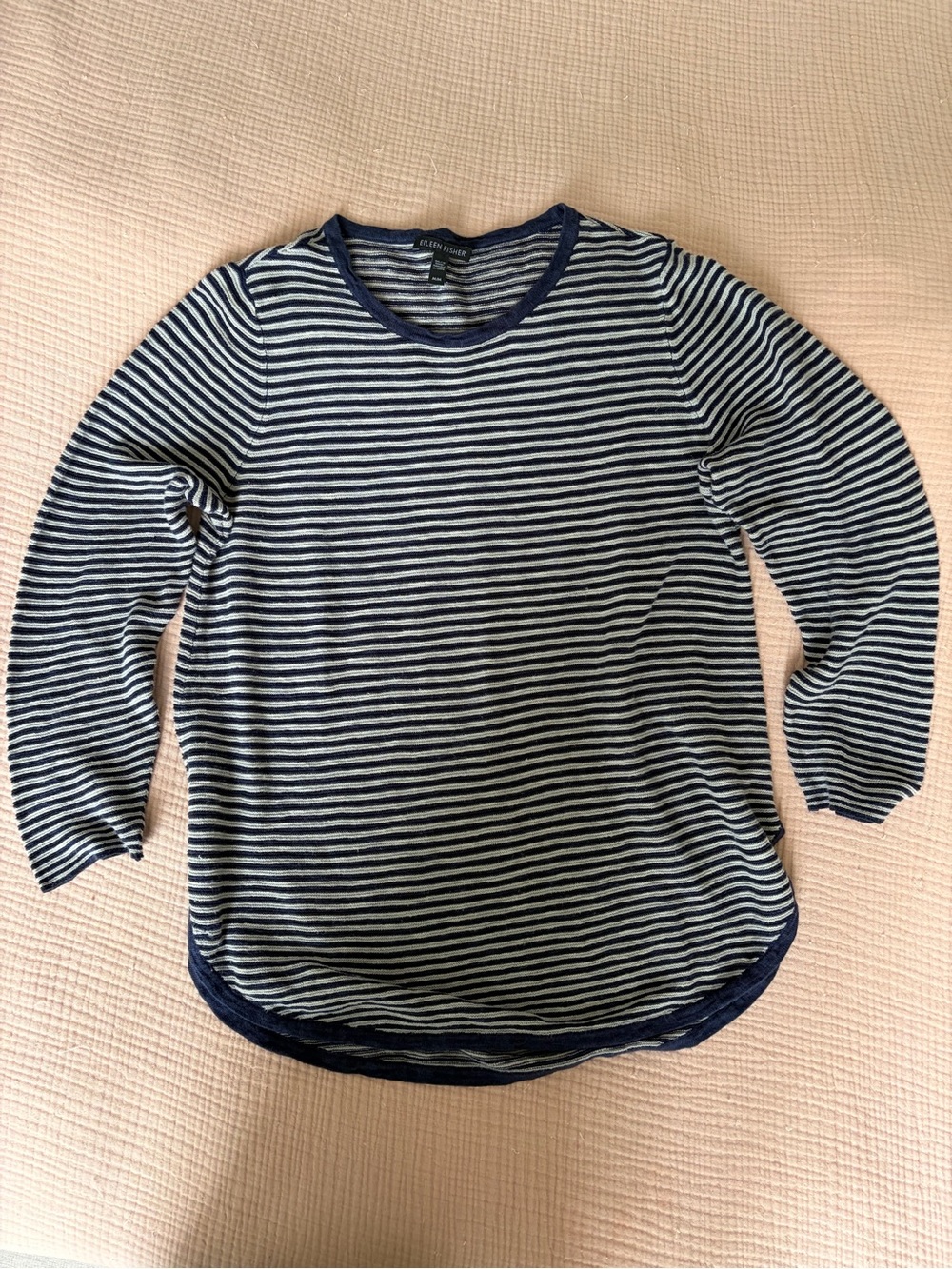 Eileen Fisher Navy & Grey Striped Sailor Breton Linen Cotton Long-Sleeve Tee, M